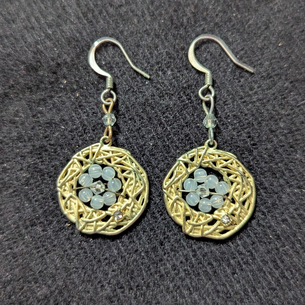 Gold Tone Translucent White Beaded Bird's Nest Dangle Statement Earrings
